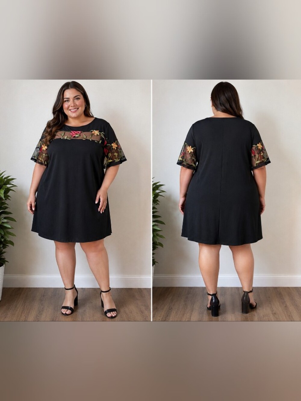 shein curve black embroidered floral mesh flutter sleeve shift dress 2xl